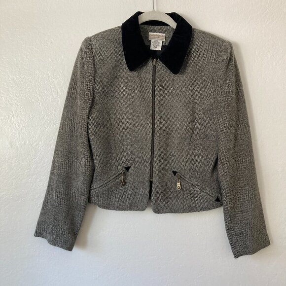 Vintage Coldwater Creek Wool Blend Full Zip Jacket Herringbone Black Old Money 8 - Picture 1 of 12